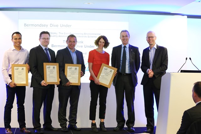 TLP Oval CEEQUAL awards: L-R Gerardo Austria (Network Rail), Charl de Kock (Skanska), Kevin Sullivan (Network Rail), Kirsten Velthius (Network Rail), Chris Broadbent (CEEQUAL and BREEAM Infrastructure), Nick Gray (Network Rail) accept the CEEQUAL award at The Oval