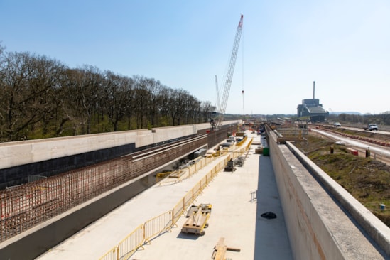 View of the base slab and reatining walls of the bat structure under construction April 2025
