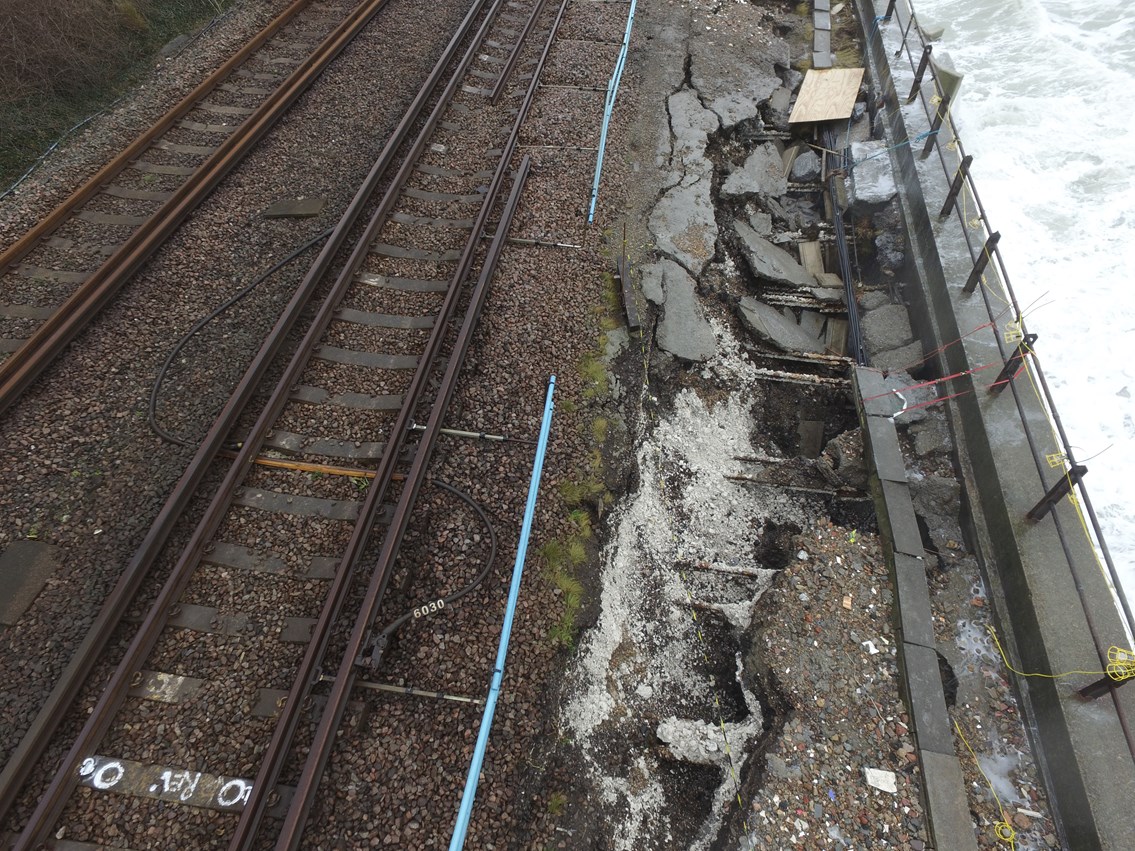 Railway between Dover Priory and Folkestone Central closed after damage to sea wall: Damage to the track at Dover, Kent