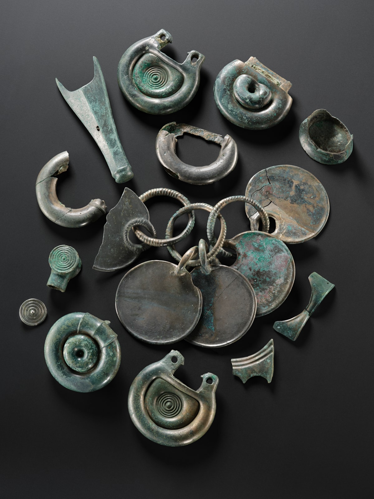 A selection of objects from the Bronze Age Peebles Hoard. Photo © National Museums Scotland