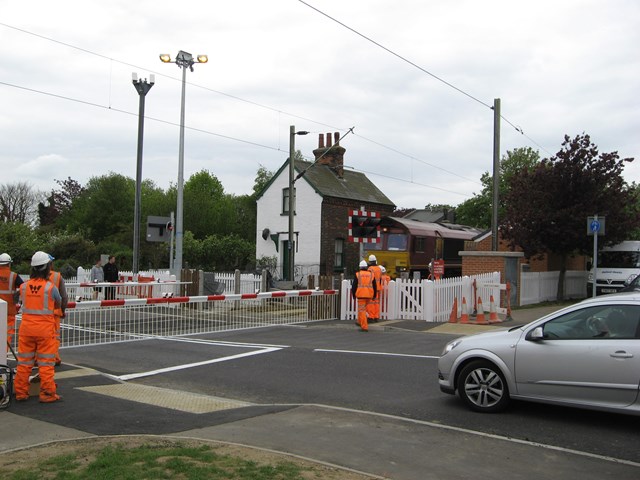 New crossing, Frinton-on-Sea: A test train approaches the newly upgraded crossing at Frinton-on-Sea, installed May Day bank holiday weekend 2009. The new crossing is controlled by CCTV from Colchester signal box.