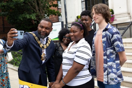 The Mayor of Islington, left, with the Chief Discovery Officers, from left, Sidra, Teayanna, Cruz and Tam