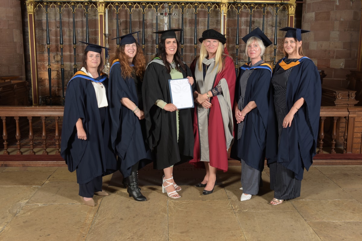 Pictured with Jade (left to right) are Sarah Miles, Senior Lecturer in Paramedic Apprenticeships; Paula Pennycott-Terris, Clinical Lecturer in Paramedic Apprenticeships; Karen Stansfield, Dean of the Institute of Health; Hanna Stevens, Principal Lecturer in Paramedic Apprenticeships; and Jade Bell, 