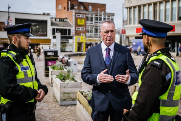 Commissioner Grunshaw demands Government action on retail crime 'epidemic': PCC Blackpool with PCSOs