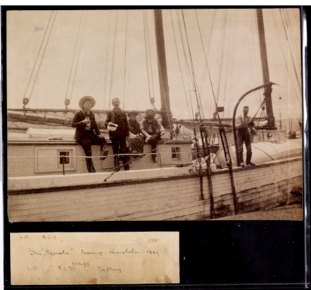 Photograph of Robert Louis Stevenson, Fanny Stevenson, Lloyd Osbourne and Joe Strong on board the 'Equator' entitled 'The 