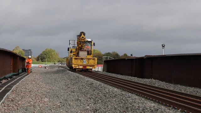 Aylesbury rail route reopens for passengers and freight after HS2 work: Track being relaid over Aylesbury railway bridge October 2023