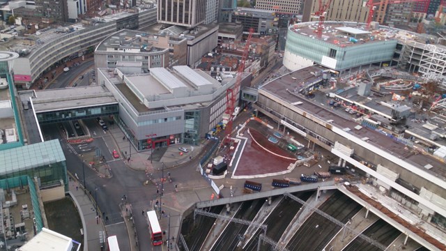 Work gets underway to transform “old” New Street station: Aerial view of the east side of Birmingham New Street