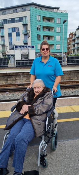 Ruby with Activities Co-ordinator Jo at Dorchester South station