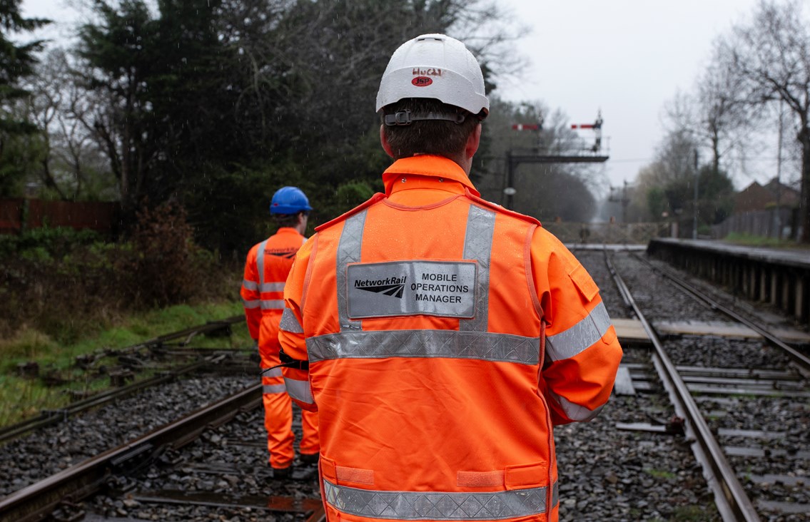 Waterside Line-9: Mobile Operations Manager (MOM) and colleague inspect tracks on the Waterside Line at Marchwood