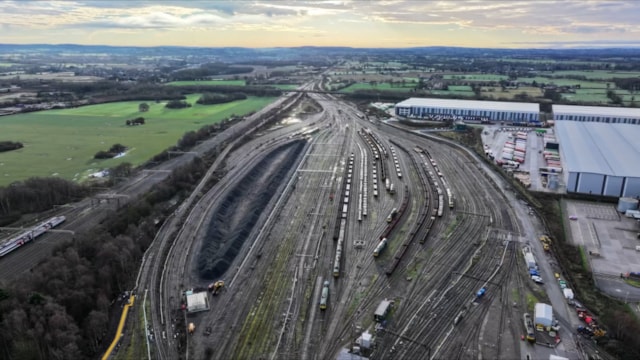 New digital era dawns for train traffic control through Crewe: Areial shot of Crewe Basford Hall freight depot