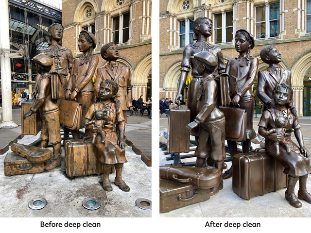 Frank Meisler - The Arrival - before and after deep clean: London Liverpool Street station kindertransport memorial
