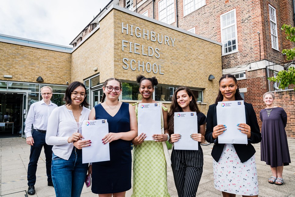 Leader of Islington Council, Cllr Richard Watts, left, and Corporate Director of People, Carmel Littleton, right, with Highbury Fields GCSE pupils (from left) Pharima Atchariyakorn, Alicia Little, Kissakye Kigongo, Meri Fisniku and Mia Folkes Pawlowski.