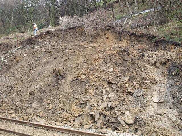 Bank slip at Elland Jan 2008_001: The bank slip at Elland which affected services between Hebden Bridge and Wakefield