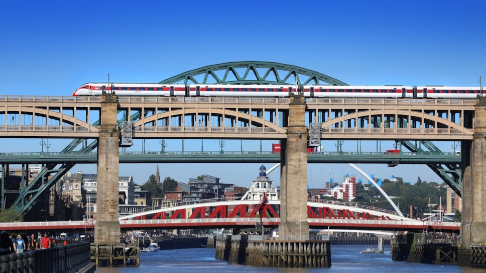 An LNER Azuma passing over High Level Bridge, Newcastle