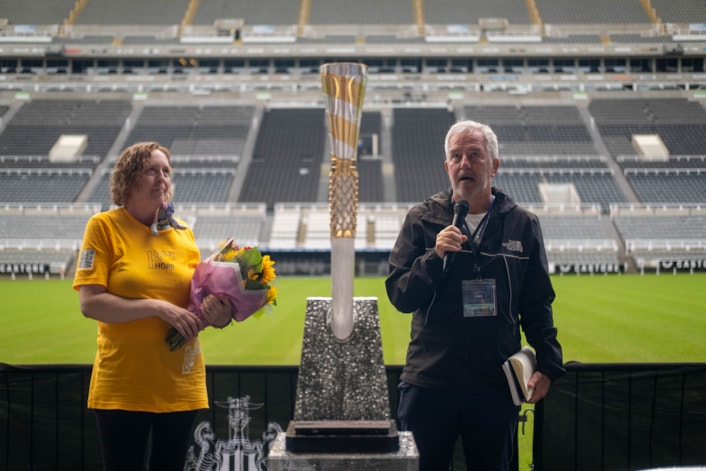 Baton of Hope tour 4: Baton of Hope UK co-founder Mike McCarthy is pictured, with fellow charity member Jayne Walsham, during the Newscastle stop of the 2023 tour.