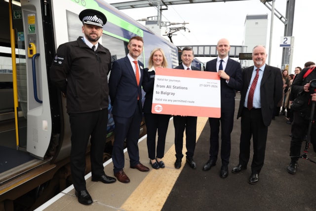 Councillor Owen O'Donnell, Stephen Flynn MSP, Rt Hon Douglas Alexander MP, Scotrail Managing Director Joanne Maguire and Network Rail Managing Director Liam Sumpter (R-L) gather on the platform at the new Balgray Station: Councillor Owen O'Donnell, Stephen Flynn MSP, Rt Hon Douglas Alexander MP, Scotrail Managing Director Joanne Maguire and Network Rail Managing Director Liam Sumpter (R-L) gather on the platform at the new Balgray Station