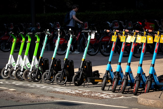 E-scooters lined up