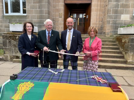 Handover of the ceremonial sword and badge from the previous Lord-Lieutenant and Vice Lord-Lieutenant to the new team.

L-R: Nancy Robson, former Vice Lord-Lieutenant; Major General Seymour Monro CBE LVO, former Lord-Lieutenant of Moray; Air Commodore Alistair Monkman CBE, new Lord-Lieutenant of Mor
