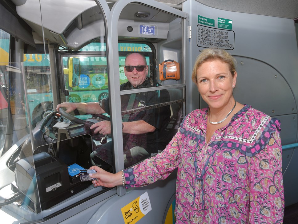 Baroness Vere, the Buses Minister, tries out Go Cornwall Bus's Tap & Cap scheme