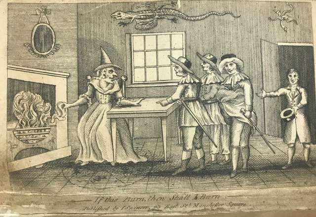 Mother Shipton book: A vivid woodcut illustration depicts a famous scene when the soothsayer was reputedly confronted by nobles sent to her cottage by the powerful Cardinal Wolsey, who was furious she had made the treasonous prediction that he would never set foot inside the city of York.

Under threat of being burned at the stake, a defiant Mother Shipton was said to have plucked a handkerchief from her head and thrown it into the fire, proclaiming that if it did not burn, then neither would she.