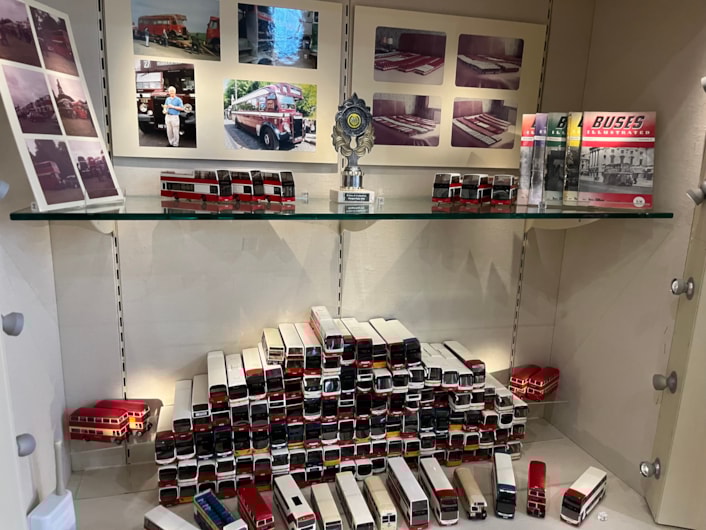 Bus collection: The new display at Leeds City Museum which gives visitors a chance to see a selection of the vast array of replicas created by physicist Dr Gordon Brooke.
The meticulously detailed models each relate to a specific real-life equivalent, complete with service number and with every painstaking detail reproduced using card, packaging and acetate for the windows.