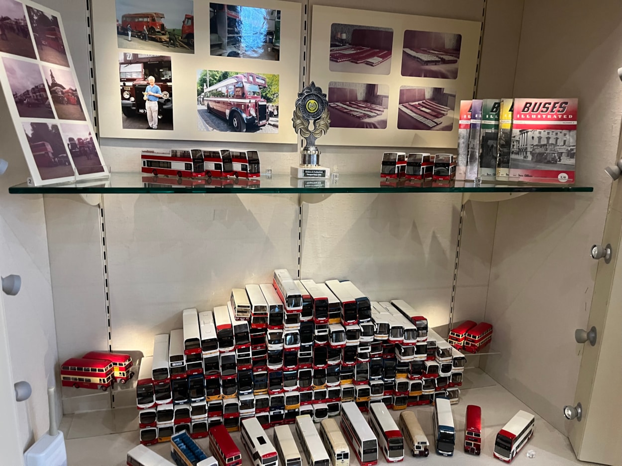 Bus collection: The new display at Leeds City Museum which gives visitors a chance to see a selection of the vast array of replicas created by physicist Dr Gordon Brooke.
The meticulously detailed models each relate to a specific real-life equivalent, complete with service number and with every painstaking detail reproduced using card, packaging and acetate for the windows.