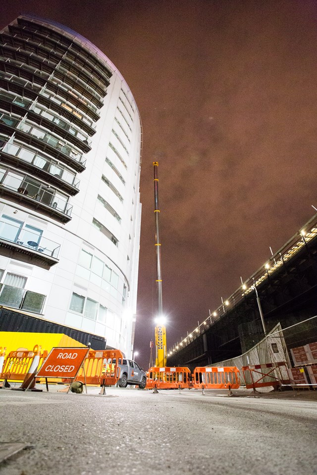 Battersea at Easter - massive road crane: This massive road crane was brought in to lift the track up on to the railway Viaduct