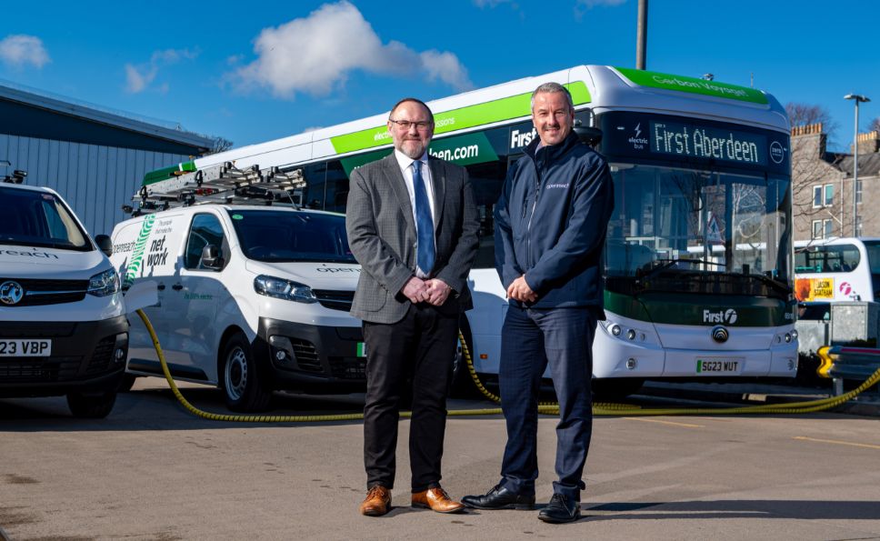 First Bus Commercial Director Graeme Macfarlan and Openreach Partnership Director Robert Thorburn launched the new partnership at First Bus' King Street depot