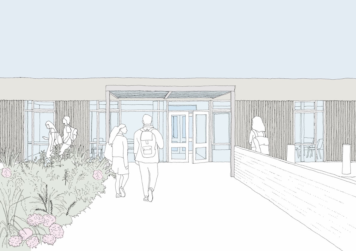 Proposed new entrance to the school approached from Powell Road - illustration created by Gollifer Langston Architects as part of the feasibility study for the Baden Powell site
