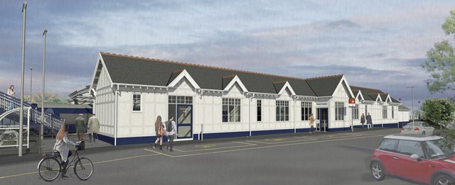 Train station redevelopment Option 2 external: Three concepts have been presented for the redevelopment of the fire-damaged Troon station platform 1 building.  Option 2 is a faithful recreation of the original with the removal of redundant assets and improved access.