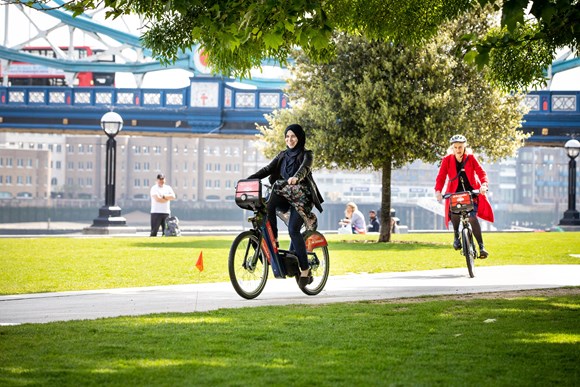 TfL Press Release - Santander Cycles celebrates its eleventh birthday, with record hires and a new weekly prize draw: TfL Image - New electric Santander Cycles are tested close to Tower Bridge