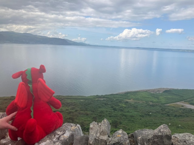 Network Rail Wales and Borders mascot Samariad takes in the view on leg one of the 2024 Hike on Offa's Dyke for Samaritans