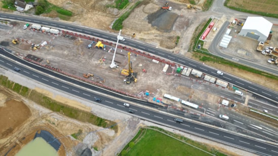 Start of foundation works on the A43 seen from above April 2024