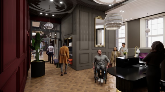 Reception area with luggage storage in the revamped LNER First Class Lounge at King's Cross