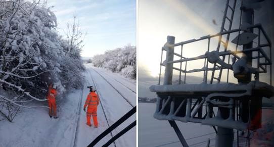 Engineers at work in the snow on the Newport to Hereford Line at Tram Inn and the signal gantry - December 2017: winter, extreme weather