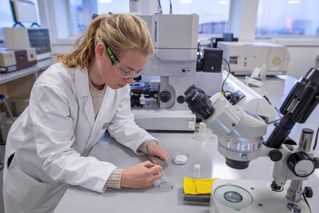 Dr Imogen Napper analyses some of the microfibres captured in filters as part of the research (Credit University of Plymouth)