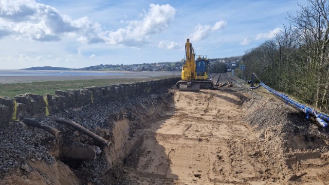 Complex recovery continuing two weeks after train derailment in Grange-over-Sands: Earthwork repair at Grange-over-Sands