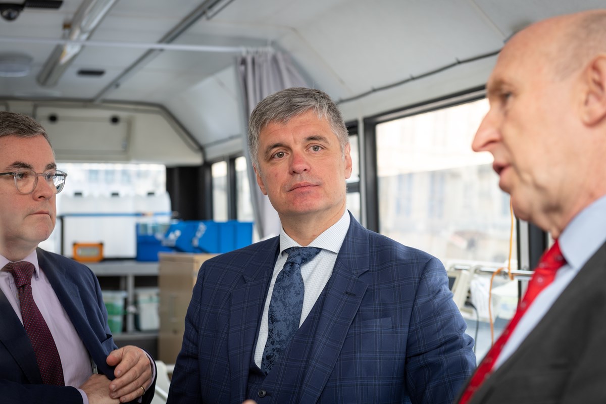 Vadym Prystaiko, Ukrainian Ambassador to the UK, on board a hospital bus donated by The Go-Ahead Group.