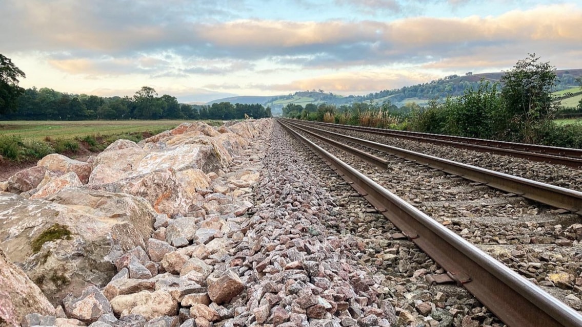 VIDEO: Hereford-Newport line set to reopen just 60 hours after Storm Claudia damage, thanks to rapid round-the-clock repairs and resilience investment: rock armour marches line2png