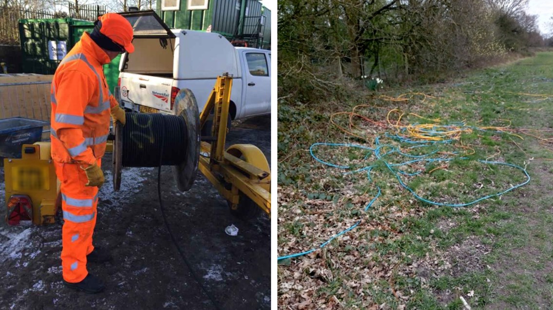 Composite of new cable being laid (Left) after West Coast main line damage (Right)