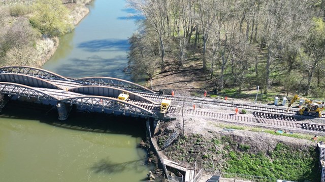 Network Rail engineers work around the clock to repair Nuneham viaduct with the line expected to be closed until early June: Aerial view of Nuneham viaduct