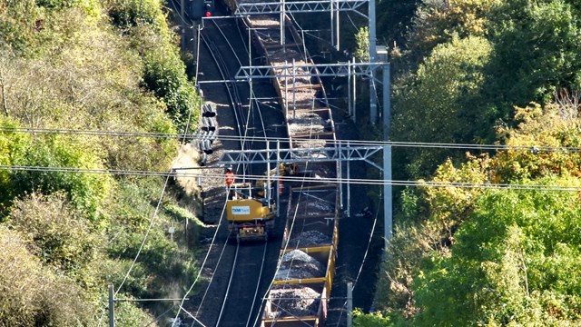 Drone shot of engineering train carrying railway ballast during Beechwood Tunnel track work Oct 2022