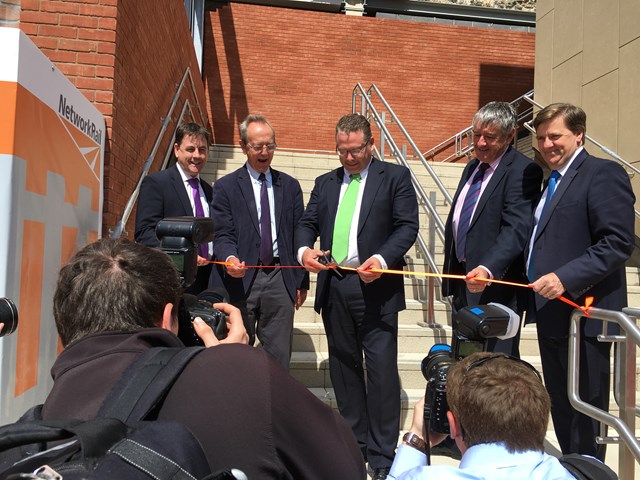 Lincoln High Street footbridge open: Stephen Hind, Ric Metcalfe, Karl McCartney MP, Tony McArdle and John Latham open lincoln footbridge