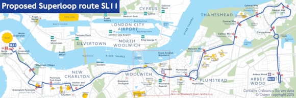 Plans revealed for the next proposed Superloop express bus route in the Thamesmead area as consultation launches: TfL Graphic - S11 map  proposed route