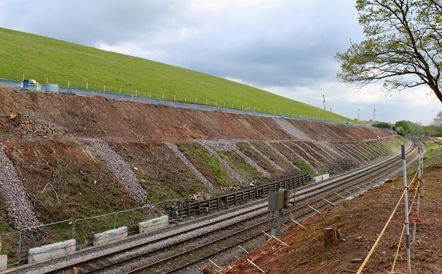 Abseil teams tackle steep conditions to protect railway cutting from rockfalls: Arley cutting strengthening work main view