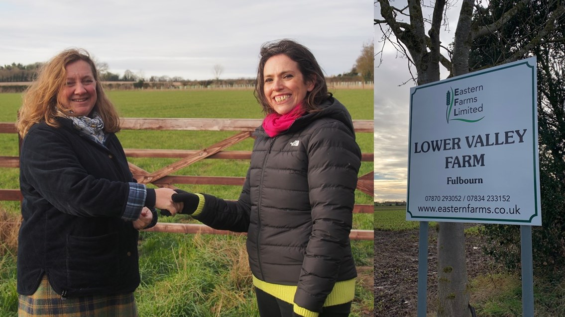 Cambridge South Biodiversity Legacy: Cambridgeshire County Council Leader Cllr Lucy Nethsingha (left),  and Emma Sharpe, senior sponsor for Network Rail Anglia (right), at Lower Valley Farm, Fulborne, to announce the biodiversity net gain agreement for the construction of Cambridge South station