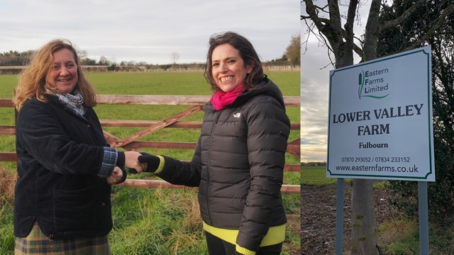 Cambridge South Biodiversity Legacy: Cambridgeshire County Council Leader Cllr Lucy Nethsingha (left),  and Emma Sharpe, senior sponsor for Network Rail Anglia (right), at Lower Valley Farm, Fulborne, to announce the biodiversity net gain agreement for the construction of Cambridge South station