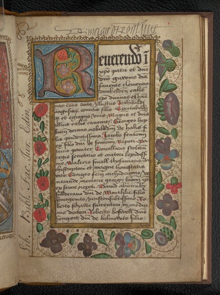 Dunkeld manuscript: An early 16th-century manuscript of Abbot Alexander Myln's 'Lives of the bishops of Dunkeld', written and illuminated in Dunkeld. Strawberries, flowers, a large initial and a golden frame surround the dedication of the work to Gavin Douglas, poet and bishop of Dunkeld.