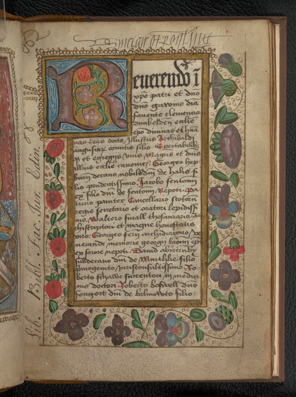 An early 16th-century manuscript of Abbot Alexander Myln's 'Lives of the bishops of Dunkeld', written and illuminated in Dunkeld. Strawberries, flowers, a large initial and a golden frame surround the dedication of the work to Gavin Douglas, poet and bishop of Dunkeld.
