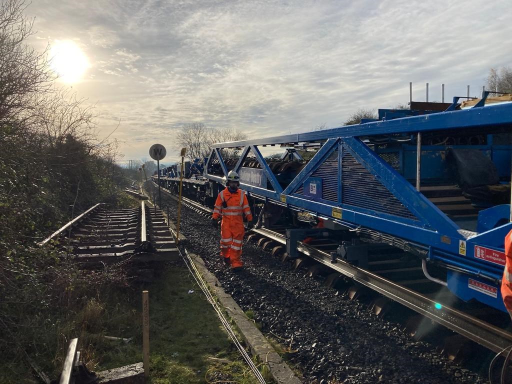 Specialist trains deliver major improvements for railway between Weymouth, Yeovil and Dorchester, as customers thanked for their patience: Weymouth to Yeovil New Track Construction train at Chetnole